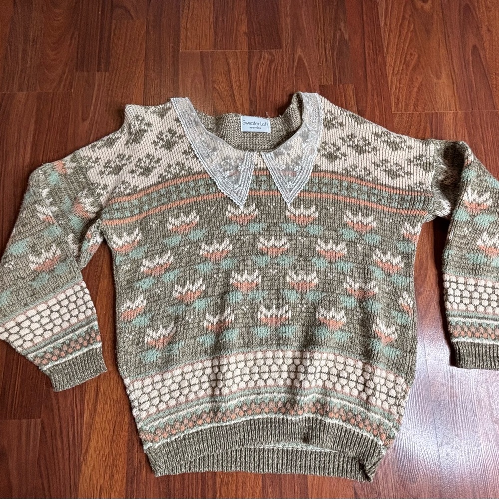 Vintage Sweater Loft S/M Spring Flowers Easter Peter Pan Collar Cottagecore